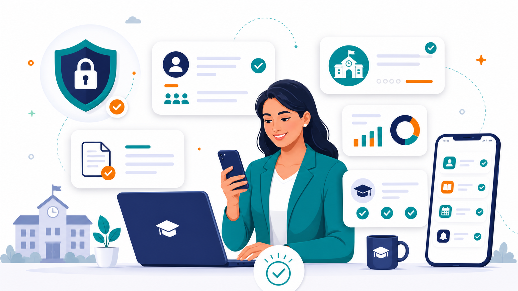 Security, responsive design and easy use illustration